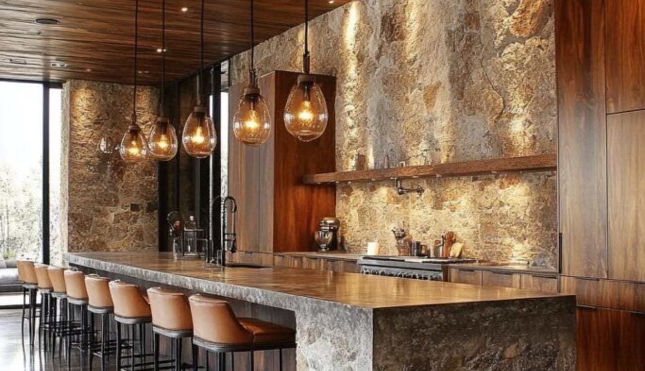 تصميم مطبخ مجدد بتصميم سيراميك وحجر طبيعي يدمج الفخامة والبساطة